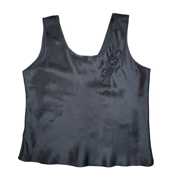 Cinema Etoile vintage black silky satin embroidered floral aplique tank top Med